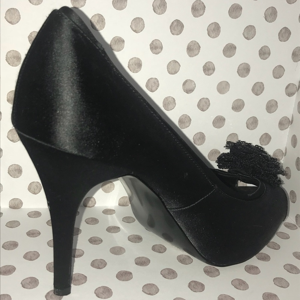 Alfani open-toe dressy heels in black satin.